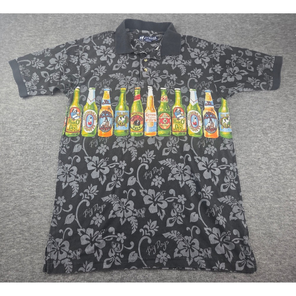 Big Dogs Polo Shirt Mens Medium Black Beer Bottle Floral Hibiscus vtg Cotton